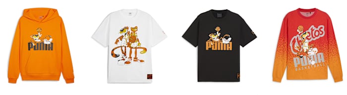 Four orange and black tops from the PUMA x Cheetos collection.